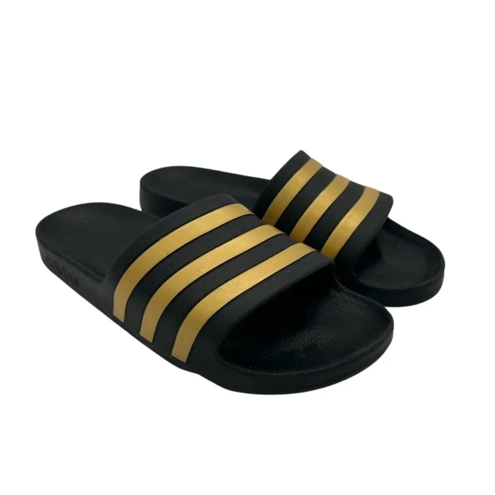 Adidas Adilette Slides Men's Size 8 Black Gold Metallic‎ 3 Stripe Sandals